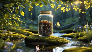 Glass Jar with Dried Plants in Forest Creek with Butterfly photo