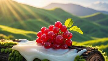 Red Currant Berries with Creamy Sauce on Wood Log Landscape photo