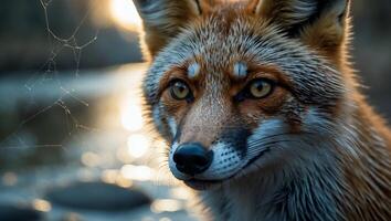 Fox Portrait Near Water with a Spiderweb and Golden Light photo
