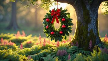 Festive Christmas Wreath Hanging on Tree in Sunlit Woodland Scene photo