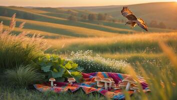 Hawk Flying Over Picnic with Mushrooms in Golden Field at Sunset photo