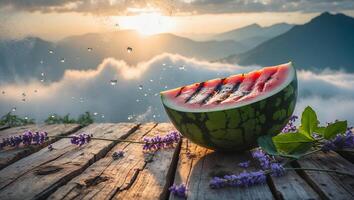 Grilled Watermelon Slice with Lavender on Rustic Wooden Surface at Sunset photo