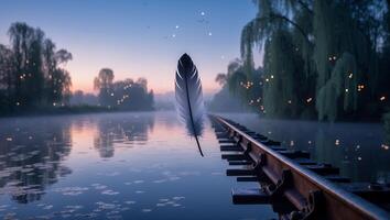 Floating Feather Above Water with Rail Tracks and Misty Sunset photo