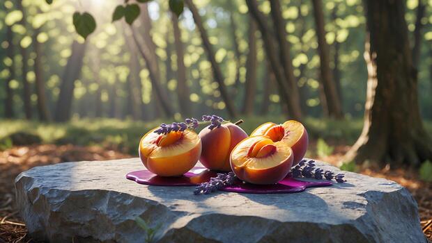 Peaches with Lavender on Stone Slab in a Sunny Forest photo