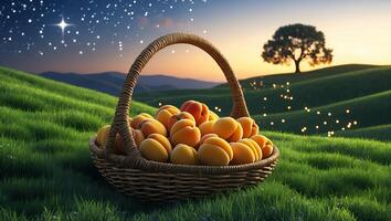 Basket of Fresh Peaches on Grassy Hill at Dusk with Tree photo