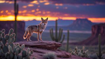 Coyote Standing on Rock Formation in Desert Landscape at Sunset photo