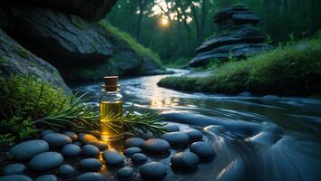 Oil Bottle with Rosemary Sits on Stones in a Forest Stream photo