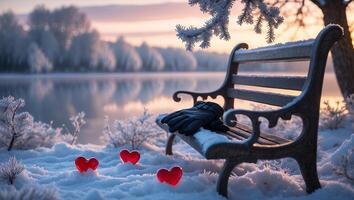 Winter Bench with Hearts and Gloves in Snowy Lakeside Scene photo