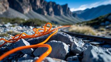 Orange Cable Winding Across Rocks with Railroad in Mountain Landscape photo