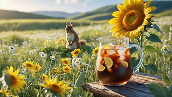 Iced Tea Pitcher on Table with Squirrel in Sunny Flower Field photo
