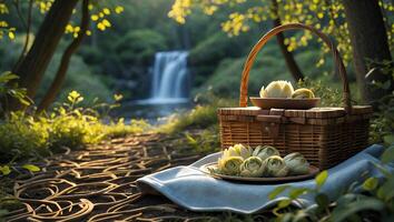 Picnic Basket with Artichokes by Waterfall in Forest Setting photo