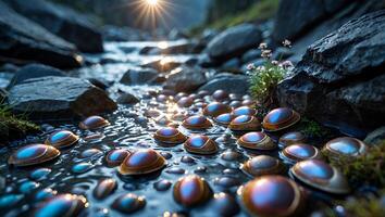 Water Flowing Over Stones in Stream at Sunset with Reflections photo