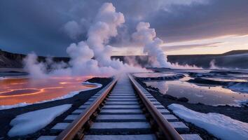 Scenic Railway Tracks Leading to Steaming Geothermal Area at Dusk photo
