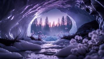 Exploring Ice Cave Opening to Forest at Dusk with Small Flowers photo