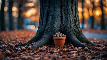 Acorns in Pot at Base of Tree in Forest During Autumn photo