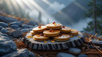 Pancakes Stacked Outdoors on Log Slice with Syrup and Rocks photo