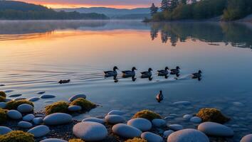 Ducks Swimming on Calm Lake at Sunrise with Rocky Shoreline photo