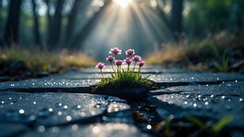 Pink Flowers Growing Through Cracks in Pavement with Sun Rays photo