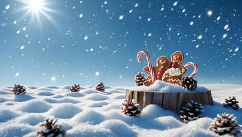 Gingerbread Cookie Couple on Stump in Snowy Landscape with Candy Canes photo