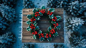 Festive Holly Wreath on Wooden Table in Winter Forest Scene photo