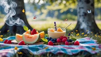 Enjoying Fruit and Yogurt on Picnic Blanket in Sunny Park photo