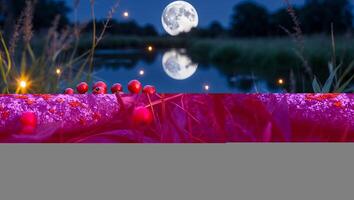 Red Berries on Rock with Moon Reflection in Water at Night photo