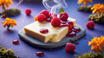 Raspberry Dessert with White Cream and Red Sauce Still Life photo