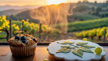 Enjoying Blueberry Muffin and Dessert at Vineyard During Golden Sunset photo