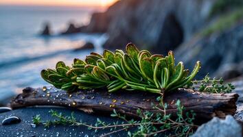 Coastal Succulent Plant on Driftwood at Sunset Near Ocean Shore photo