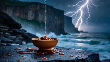 Sauce Drizzling Into Bowl with Coastal Storm and Lightning photo