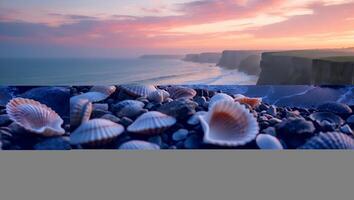 Seashells and Pebbles on Cliff Overlooking Ocean Waves at Sunrise photo