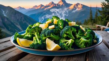 Broccoli Florets with Cheese and Lemon on Rustic Mountain Table photo