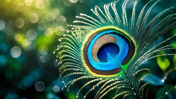 Peacock Feather Eye with Dew Drops in Soft Green Bokeh photo