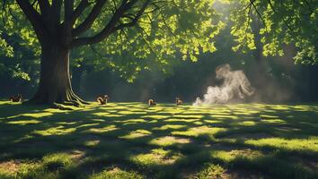 Squirrels Relaxing in Sunny Grassy Field Under a Large Tree photo