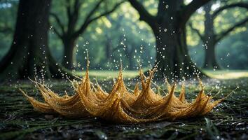 Liquid Forming Crown Shape with Water Droplets in Forest Scene photo