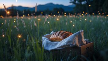 Loaf of Bread in Meadow at Dusk Under Magical Lights photo