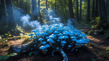 Cluster of Cyan Mushrooms Growing on Log in Forest with Mist photo