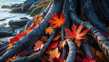 Colorful Autumn Leaves on Tree Roots Near Ocean Shoreline photo