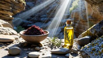 Presenting Red Berries in Bowl with Oil on Rock Surface photo