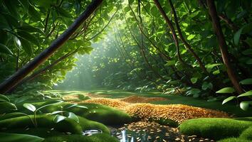 Walking Path Through Green Forest with Sunlight Breaking Through Trees photo