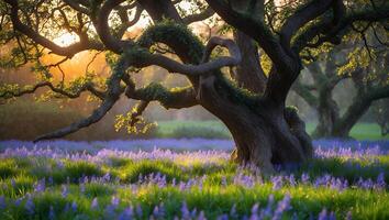 Old Tree Standing in Field of Bluebells at Sunset Scene photo