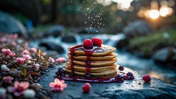 Stack of Pancakes with Berries and Syrup on Stone by Stream photo