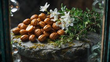 Arrangement of Candied Nuts with White Flowers on Stone Surface photo