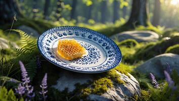 Honeycomb on Decorative Plate in Mossy Forest Setting with Sunlight photo