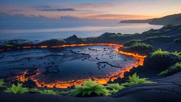Coastal Lava Pool Glowing at Dusk with Green Plants and Ocean photo
