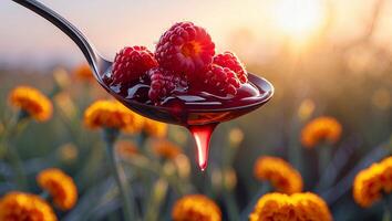 Holding Spoon with Raspberries and Dripping Jam at Sunset Meadow photo