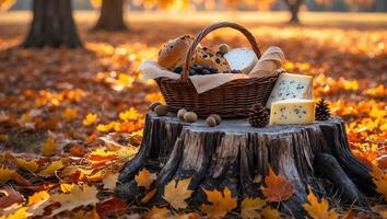 Picnic Basket with Cheese and Bread on Tree Stump in Autumn photo