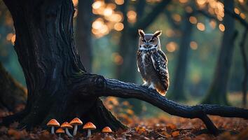 Owl Perched on Branch in Autumn Forest with Fly Agarics photo