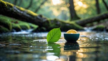 Leaf and Citrus Slice Floating in River with Sunlight Reflection photo