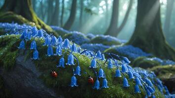 Bluebell Flowers Blooming in Misty Forest with Ladybugs and Sunlight photo